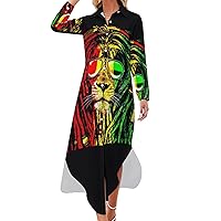 Reggae Rasta Lion Women's Shirt Dress Long Sleeve Button Down Shirts Dress Casual Loose Maxi Dresses