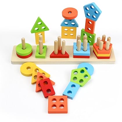 WOOD CITY Wooden Sorting & Stacking Toy, Shape Sorter Toys for Toddlers, Montessori Color Recognition Stacker, Early Educational Block Puzzles for Kids 1 2 3 Years Old Boys and Girls (5 Shapes)