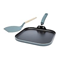 Goodful Aluminum Non-Stick Square Griddle Pan/Flat Grill, Made Without PFOA, with Nylon Pancake Turner, Dishwasher Safe Cookware, 11 x 11 Inch, Turquoise