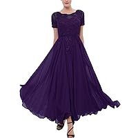 Women's Chiffon Lace Tea Length Mother of The Bride Dress Short Sleeves Cocktail Party Gowns