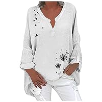 Women's Trendy Tops Cotton and Linen Print Casual V-Neck Large Size Shirt Tops Summer Shirts