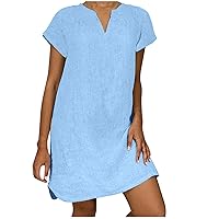 Cotton Linen Dress for Women V Neck Short Sleeve Tunic Sundress Lightweight Soft T-Shirt Dresses Solid Mini Dress