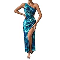 Milumia Women's One Shoulder Cut Out Slit Thigh Maxi Dress Floral Sleeveless Long Party Dresses