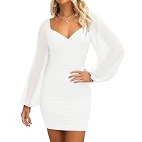 ZESICA Women's Sexy V Neck Ruched Bodycon Mini Dress Puff Long Sleeve Cocktail Wedding Party Short Dresses