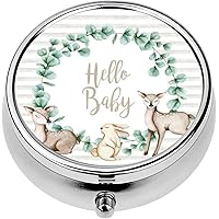 Mini Portable Pill Case Box for Purse Vitamin Medicine Metal Small Cute Travel Pill Organizer Container Holder Pocket Pharmacy Watercolor Card Hello Baby Stripes Wreath Bunny Deers Isolated White H