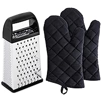 Gorilla Grip Stainless Steel Box Grater and Cotton Oven Mitt, Box Grater Size 10x5 inches, Handheld Food Shredder, Oven Mitts Size 13 Inch, Cooking Baking BBQ Gloves, Both in Black, 2 Item Bundle