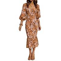 Womens Sexy Long Sleeve Deep V Neck Ruched Ruffles Floral Printed Bodycon Party Clubwear Dress