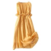 Maxi Dresses for Women Summer Vintage Plain Lace-Up Dress 3/4 Sleeve Loose Flowy Long Dress Cotton Linen Dresses