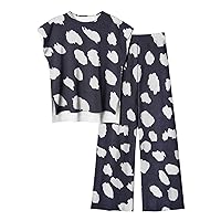 Women's 2 Piece Outfits Summer Funny Spots Print Loungewear Plus Size Cap Sleeve Hi-Lo Hem Tops & Wide Leg Pant Sets