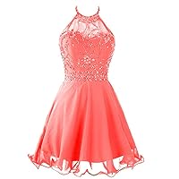 VeraQueen Women's Short Beaded Prom Dresses Round Neck Backless Homecoming Dress Pink