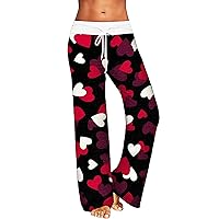 Womens Slacks Valentine's Day Printed Love Print Drawstring Waist Wide Leg Slacks Home Trousers