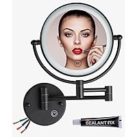Wall Mounted Make up Mirror with Lighting and Magnification, 8 Inch Double-Sided Cosmetic Mirror with Light, Bathroom Wall Mirror Extendable 5X, Matte Black Finish, Hardwired