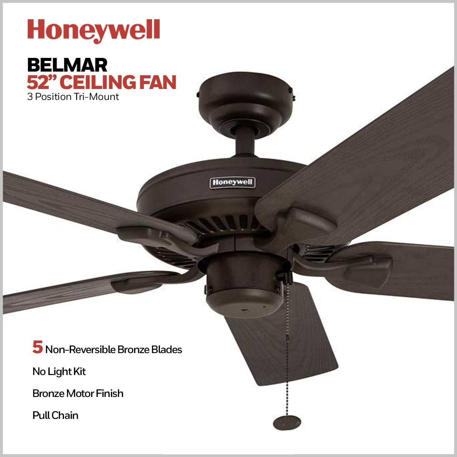 Honeywell Ceiling Fans Belmar, 52 Inch Traditional Indoor Outdoor LED Ceiling Fan with No Light, Pull Chain, Three Mounting Options, ETL Damp Rated, Reversible Motor - 50199-01 (Bronze)