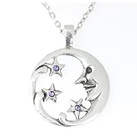 Pewter Moon Face with Stars Pendant on Chain w/ 3 Swarovski Crystals Lavender June Birthday
