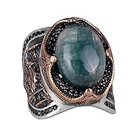 Muslim Mosque Cabochon Emerald Gemstone Ring, 925K Solid Sterling Silver Men's Ring