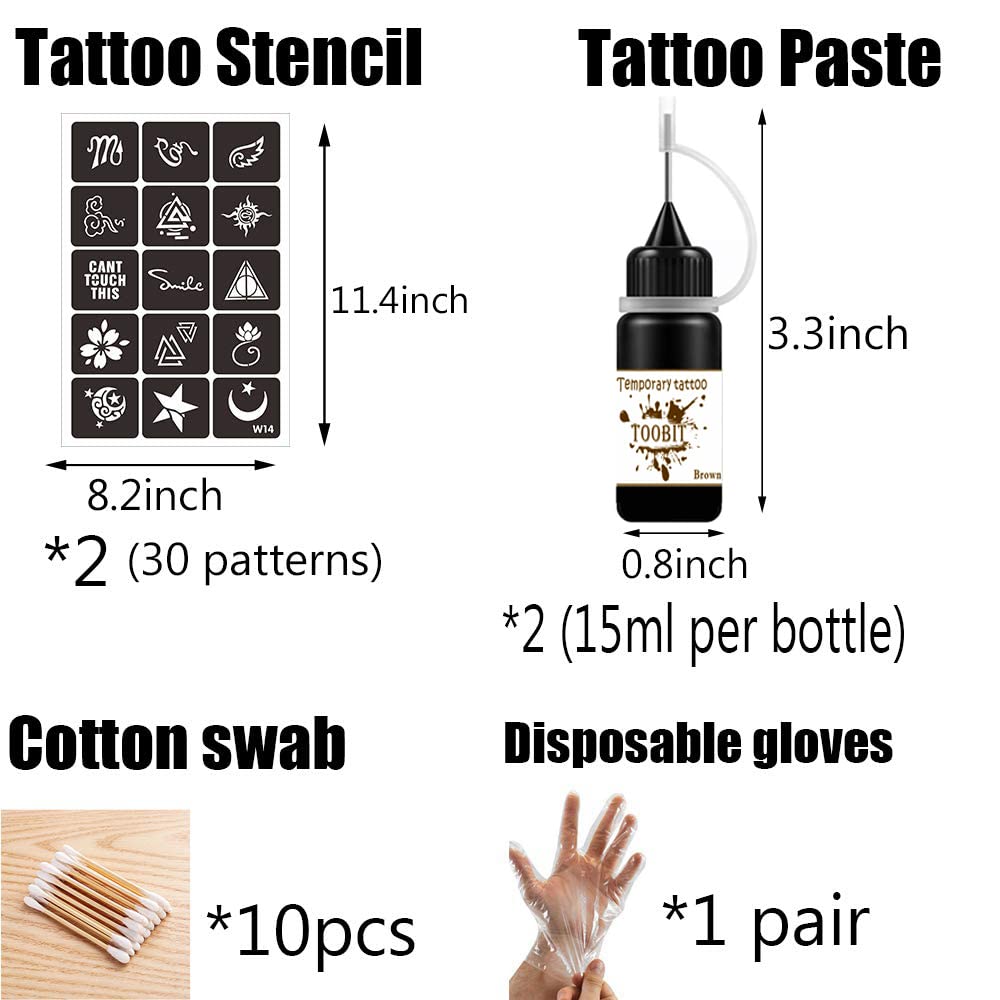 Temporary Tattoo kit Gel Tattoos - 2 Bottles Brown（1 oz）Semi Permanent Tattoo Freehand Ink Free 35 Pcs Tattoos Stencils 10 Cotton Swabs