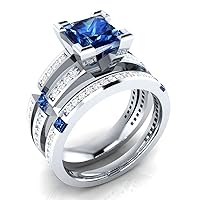 2.50 CT Princess Cut Prong Set Blue Sapphire and VVS1 Diamond Engagement Wedding Bridal Ring Set Sizable Real 925 Sterling Silver