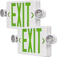 Green LED Exit Sign Emergency Light Combination Adjustable Two Heads and Battery Backup, US Standard Commercial Emergency Exit Lighting, Fire Resistant UL 924 AC 120/277V (2-Pack)