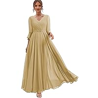Tea Length Mother of The Bride Dresses for Wedding Chiffon Formal Dress with Sleeves V Neck Evening Gown