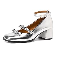 Chunky Heels for Women Dressy Block Heel Mary Jane Pumps with Rhinestone Buckle Ankle Strap for Wedding Office Casual