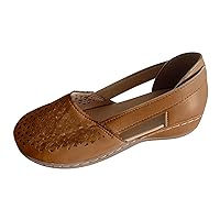 Flats Heel Sandals For Women Leather Elastic Strap Carved Wedges Casual Sandal Lightweight Breathable Roman Shoes Brown, 6