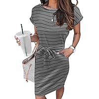 Arolina Womens Summer Short Sleeve Striped T Shirt Dress Casual Midi Dresses Crewneck Tie Waist with Pockets