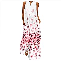 Women's Casual Dress Ethnic Printed Vintage V Neck Gowns Kaftan Irregular Hem Maxi Dress Long Dress with Pockets Summer Sundress Daily Wear Streetwear(6-Pink,16) 0237