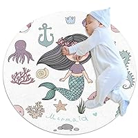Baby Rug Mermaid Seahorse Jellyfish Kids Round Play Mat Infant Crawling Mat Floor Playmats Washable Game Blanket Tummy Time Baby Play Mat 31.5x31.5 inches
