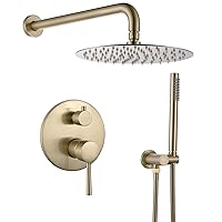 RBROHANT Brushed Gold Shower Faucet Set, Wall Mount Round Gold Rain Shower System Mixer Set, 10 Inch Rain Shower Head with Handheld Spray, Solid Brass, Rough-in Valve Included, RCS81005BG