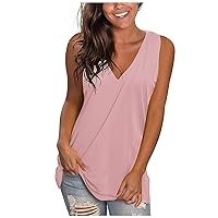 Womens Tank Tops Summer Shirts, Sleeveless Casual Loose Tunic Blouses, Solid Deep V Neck Tee Shirts with Pocket