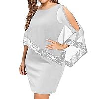 Summer Dresses for Women 2024 Plus Size Wedding Guest Cold Shoulder, Sequins Chiffon Asymmetric Shoulder Dress