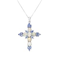 Religious Pendant Platinum Plated 925 Sterling Silver Opal Tanzanite Gemstone Cross Necklace