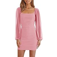 Wenrine Women's Mesh Long Sleeve Square Neck Ruched Party Club Cocktail Bodycon Mini Dress