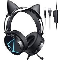 Gaming Headset with Noise Canceling Microphone, Cat Ear Headphones with 50mm Drivers Surround Sound, Over-Ear Gaming Headphones with LED Light, Compatible with PC, PS4, PS5, Xbox One, Phone, Black