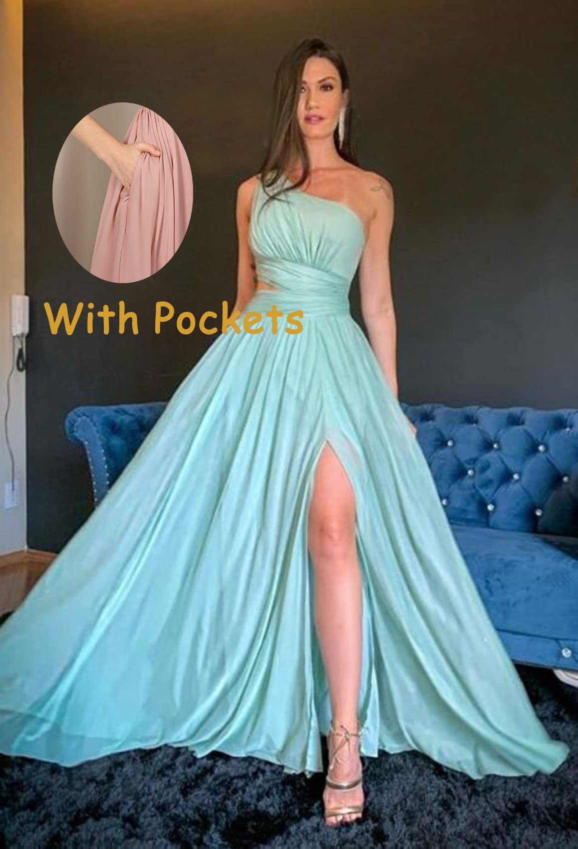 FEOLATE Women's One Shoulder Bridesmaid Dresses with Slit Long Chiffon Cutout Pleated Formal Dress with Pockets