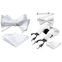 HISDERN Bow Ties for Men White Floral Bowtie Self Tie & Suspenders and Bow Tie Pocket Square Set Classic Formal Tuxedo Wedding Bowties