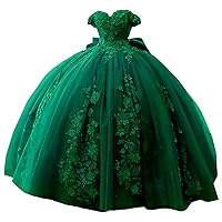 Women's Off Shoulder Princess Sweet 16 Quinceanera Dresses with Bow Lace Applique Ball Gowns
