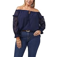Vince Camuto Womens Blue Embroidered Ruffled Tie Neck Pullover Long Sleeve Off Shoulder Top Plus 2X