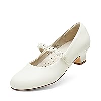 Girls Dress Shoes Low Heels for Little Big Girl Mary Jane Shoes with Pearl Rhinestones Flower Girl Pumps Princess Wedding Party