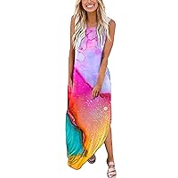 Summer Dresses for Women Casual Sleeveless Split Long Dress Loose Fit Crewneck Boho Tank Dress Beach Sundress with Pockets