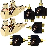 2Pcs RCA Male to 2 RCA Female Right Angle Plug RCA Splitter Adapter Connector & 5 Pcs Audio Video Gold RCA Male to 2 RCA Female Coupler Adapter