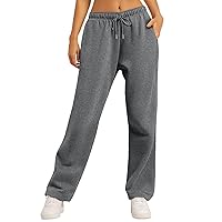 Women's Fleece Lined Sweatpants High Waisted Solid Color Casual Women Pants Sweatpants Wide Leg Straight Pants