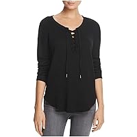 Splendid Lace Up Waffle Knit Black Top Shirt Large