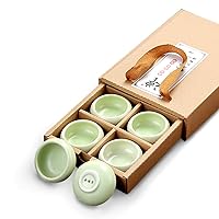 Chinese Ceramic Sake Tea Cup Porcelain Tiny Slim Green Cyan Clay 45ml 1.6 Oz - 6 Japanese Teacups Set for Drink Matcha Wine Korean Anniversary Traditional Ceremony Handcrafted Gift Box