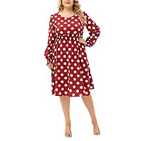 Plus Size Vintage Dresses for Women O Neck Long Sleeve Nipped Polka Dot Print Mid-Length Retro Swing Dress