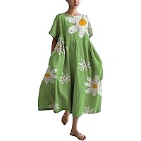 Womens Chic Boho Floral Print Maxi Dress Sleeve Long Cotton Blouse Maxi Dress Crew Neck Casual Loose Beach Sundress
