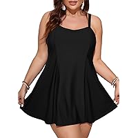 Aleumdr Women's Plus Size One Piece Swimsuit Tummy Control One Piece Bathing Suit with Skirt Vintage Swimdress with Pockets