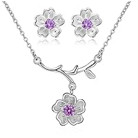 White Gold Plated Wedding Anniversary Cherry Flower Jewelry Set for Bridal, Pink Purple Flower Pendant Necklace and Earrings Studs for Girls Women DT340
