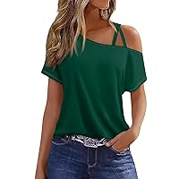 Summer Tops,Off The Shoulder Tops for Women Short Sleeve One Shoulder Shirts Criss-Cross Solid Color Gradient Print Sexy Blouse Short Sleeve Trendy Work Shirts