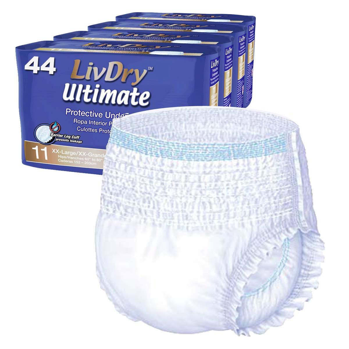 LivDry Ultimate XXL Adult Incontinence Underwear, High Absorbency, Leak Cuff Protection, XX-Large, 44-Pack